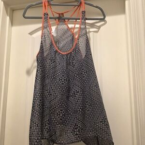 Society Women's Tank Top with Orange and Black Geometric Design